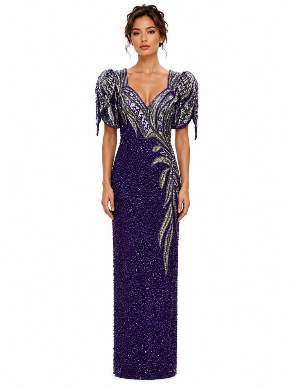 Vintage 90s Y2k Alyce Designs Silk Purple Sequin, Pearl, Bead Evening Dress, 6